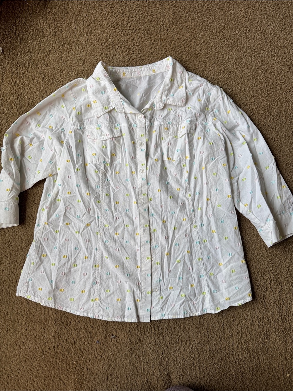 Women’s White Button-Up Shirt with Yellow & Light Blue Dots size large